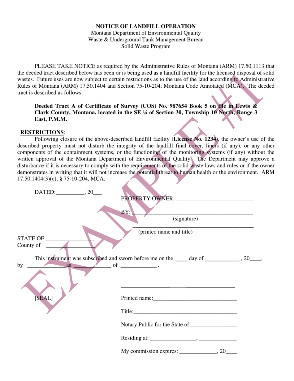 Sample Notice of Landfill Operation Deed Notation of Entire Facility Licensed Boundary - Sample - Montana, Page 1
