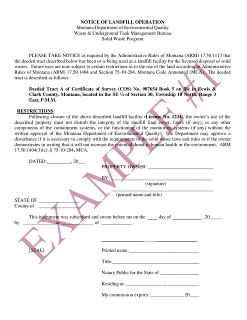 Sample Notice of Landfill Operation Deed Notation of Entire Facility Licensed Boundary - Sample - Montana Download Pdf