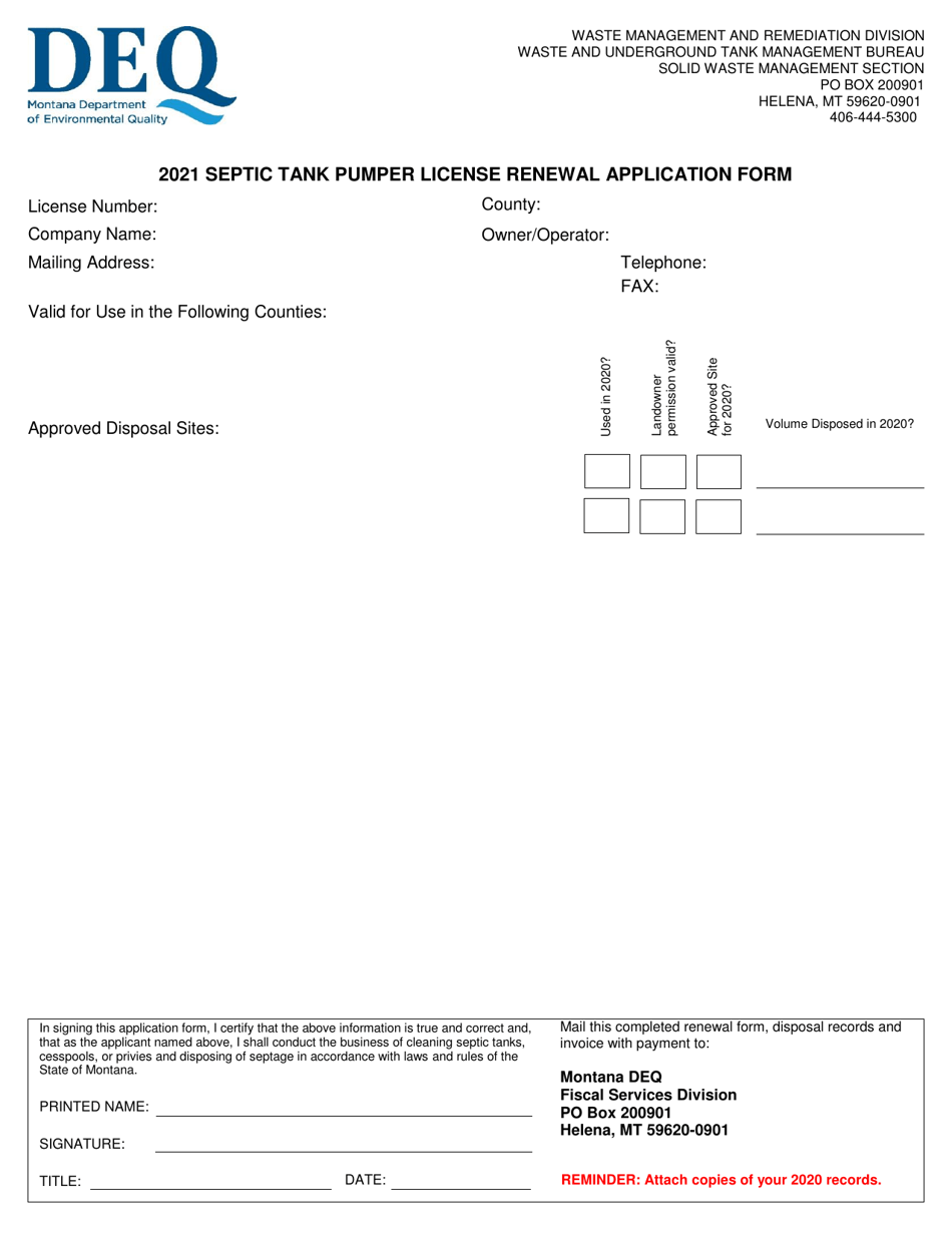 Septic Tank Pumper License Renewal Application Form - Montana, Page 1