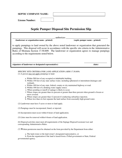 Septic Pumper Disposal Site Permission Slip - Montana