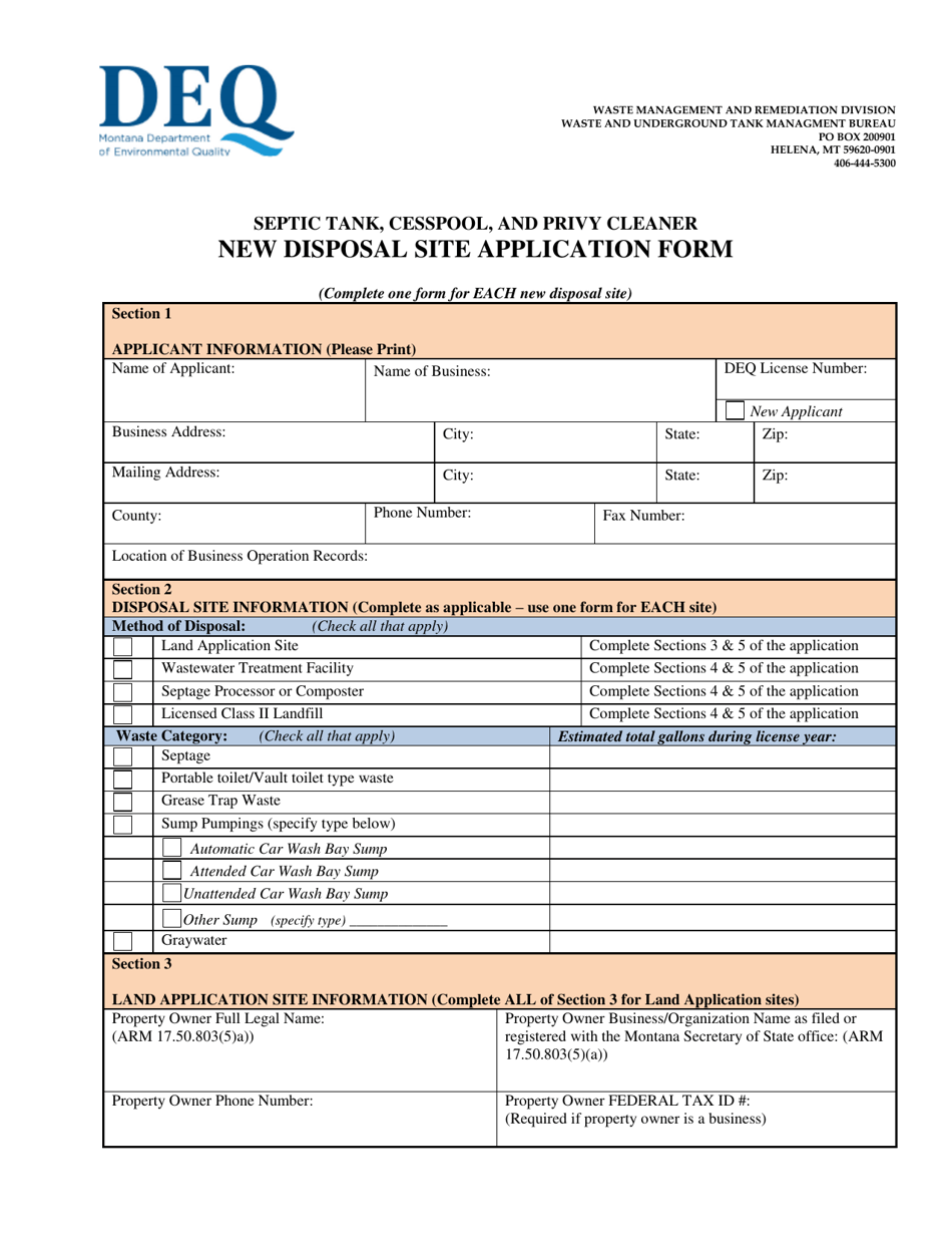 Septic Tank, Cesspool, and Privy Cleaner New Disposal Site Application Form - Montana, Page 1