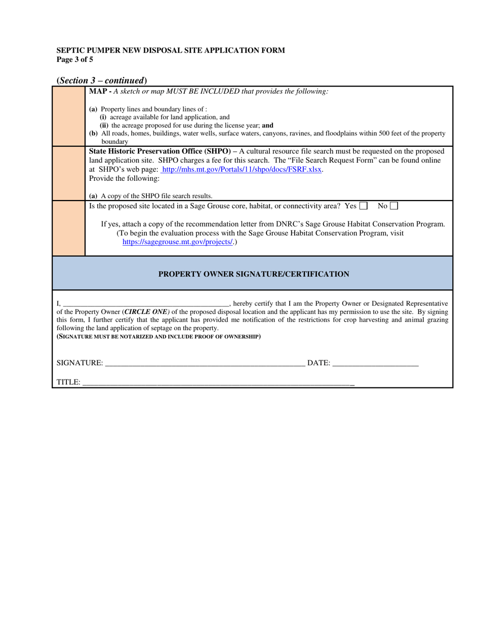 Septic Tank, Cesspool, and Privy Cleaner New Disposal Site Application Form - Montana, Page 3
