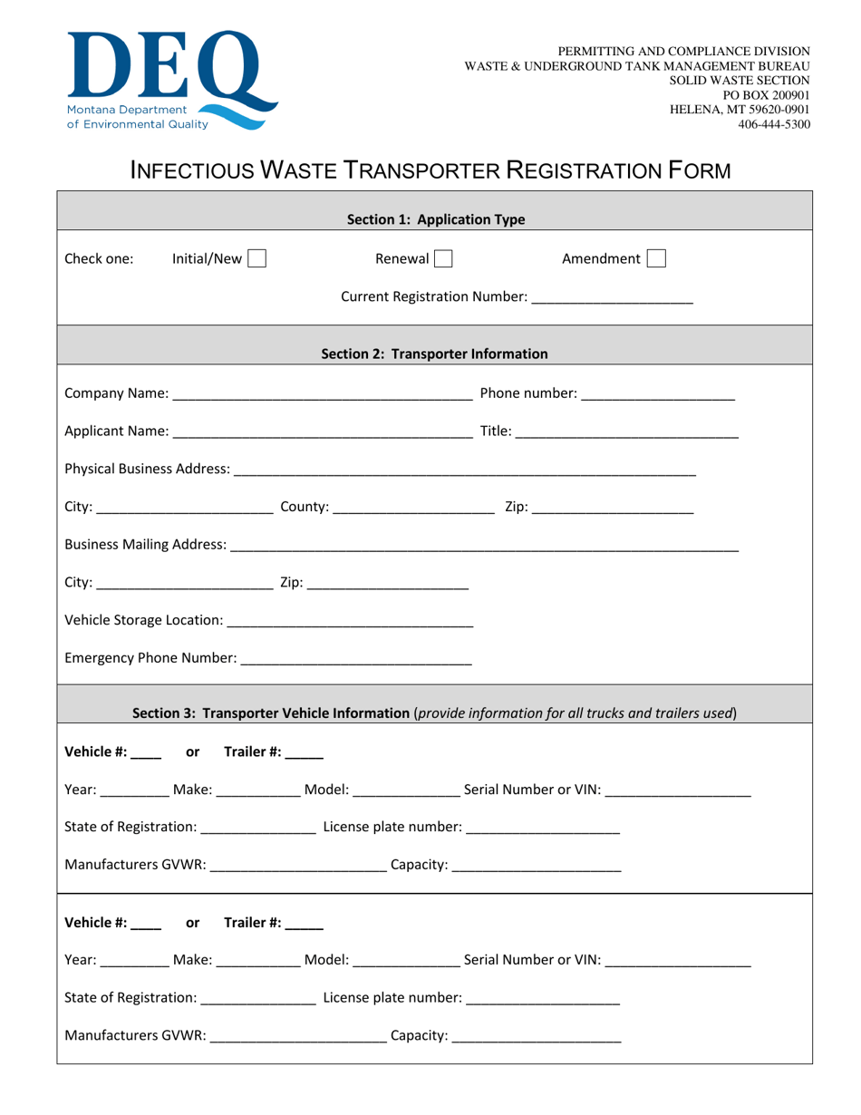 Infectious Waste Transporter Registration Form - Montana, Page 1
