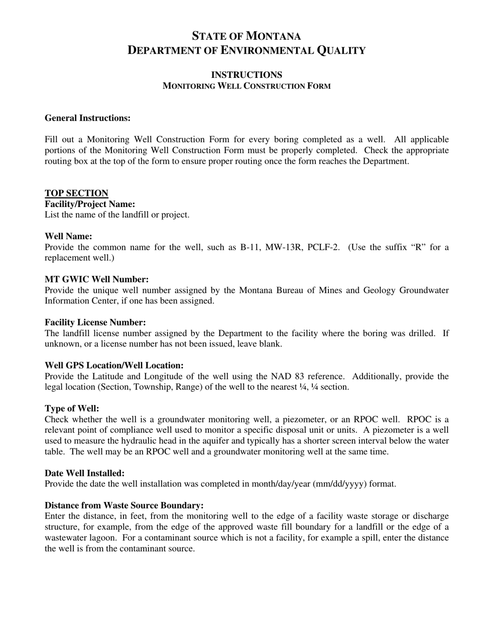 Instructions for Monitoring Well Construction Form - Montana, Page 1