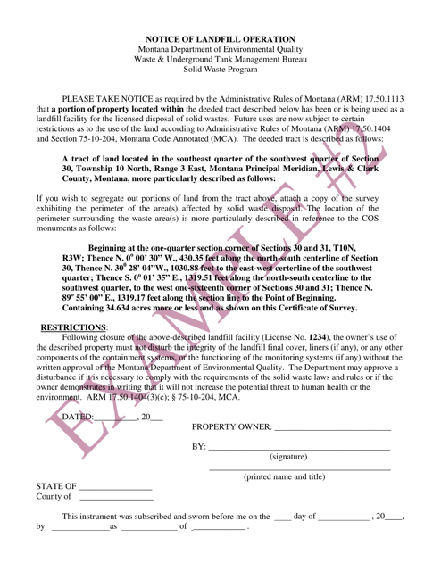 Notice of Landfill Operation Deed Notation for Specific Disposal Unit Boundary Within Licensed Boundary - Example - Montana Download Pdf