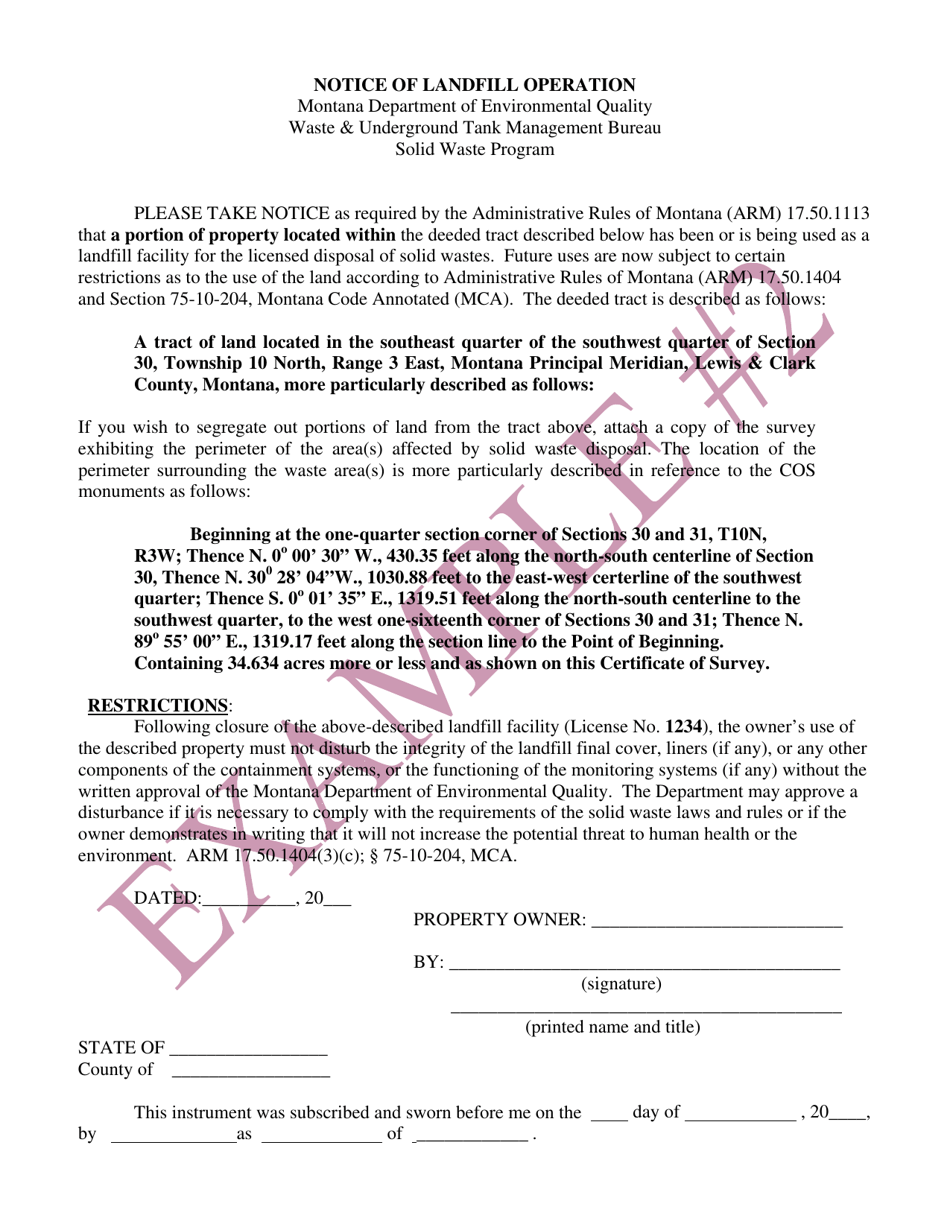 Montana Notice of Landfill Operation Deed Notation for Specific ...