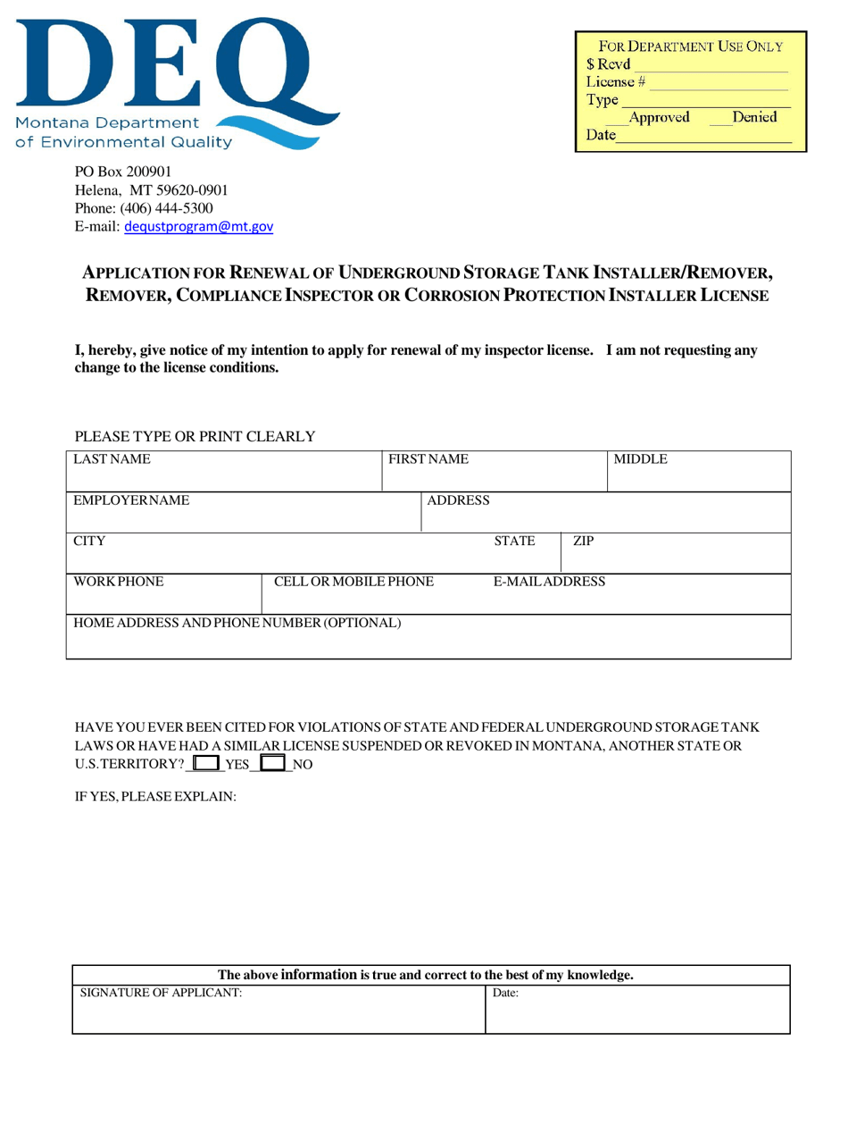 Application for Renewal of Underground Storage Tank Installer / Remover, Remover, Compliance Inspector or Corrosion Protection Installer License - Montana, Page 1