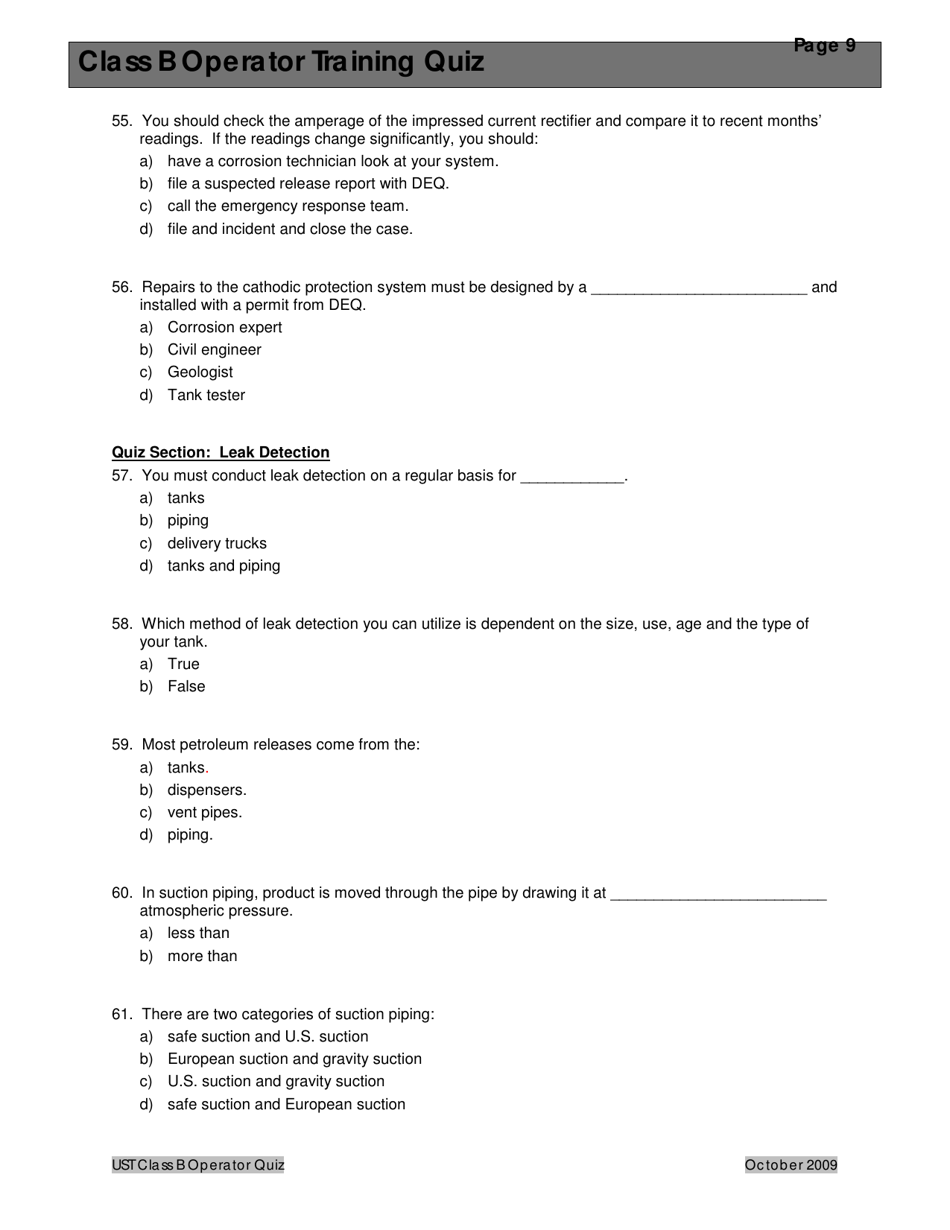 Montana Montana Underground Storage Tank Class B Operator Training Quiz ...