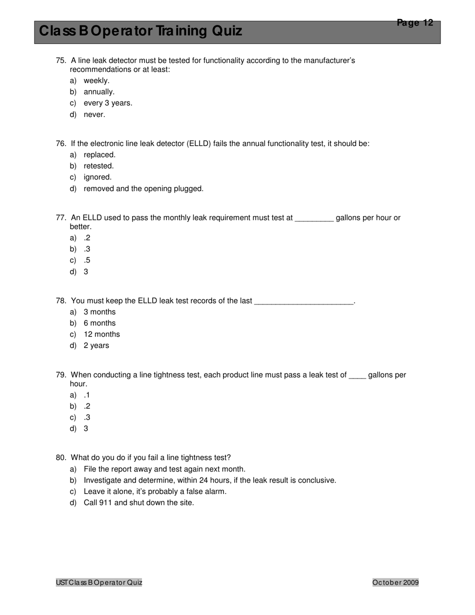 Montana Underground Storage Tank Class B Operator Training Quiz - Montana, Page 16