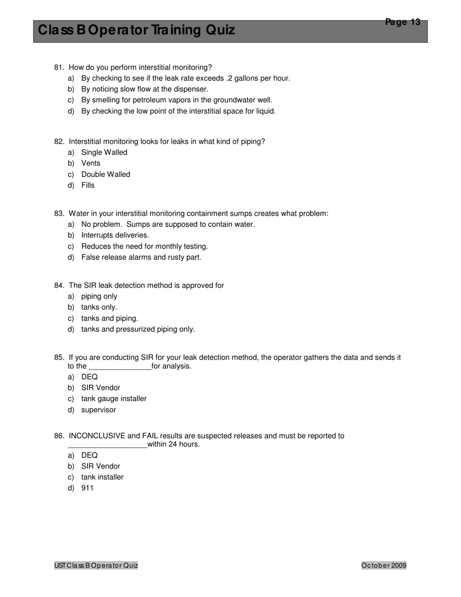 Montana Underground Storage Tank Class B Operator Training Quiz - Montana, Page 17