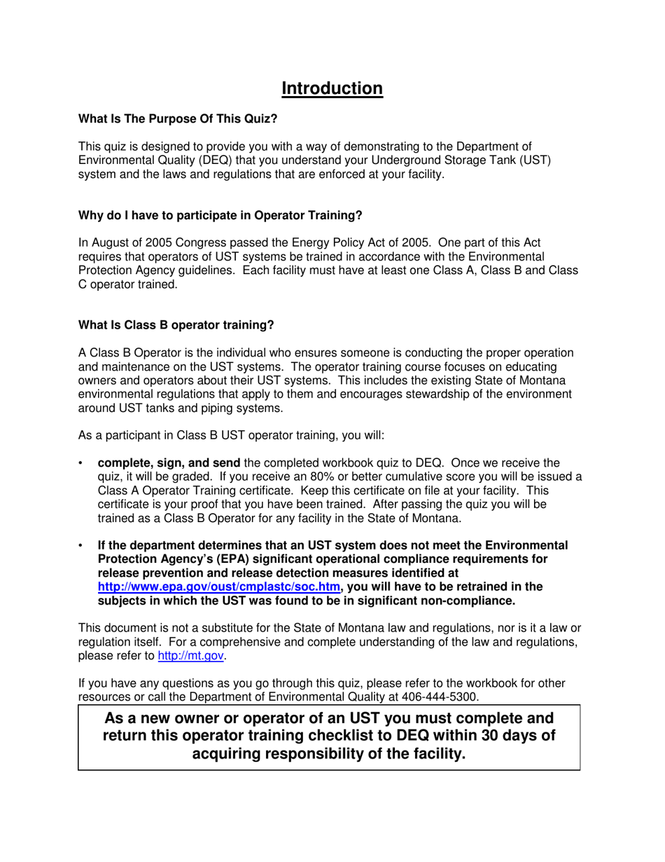 Montana Montana Underground Storage Tank Class B Operator Training Quiz