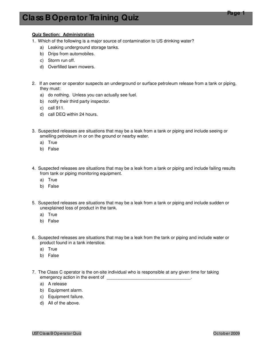 Montana Montana Underground Storage Tank Class B Operator Training Quiz ...