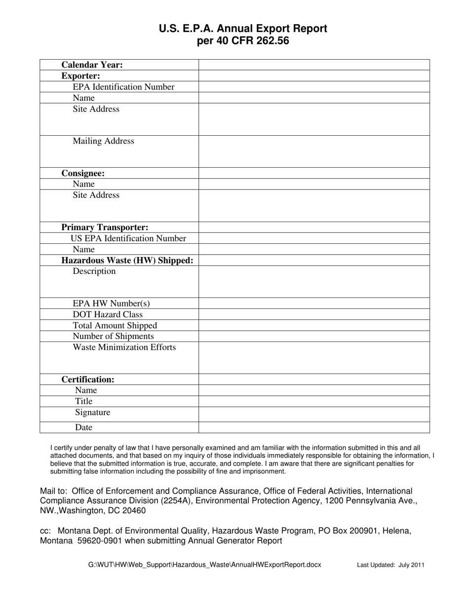 Annual Hazardous Waste (Hw) Report for Exports of Hw to a Foreign Country - Montana, Page 2