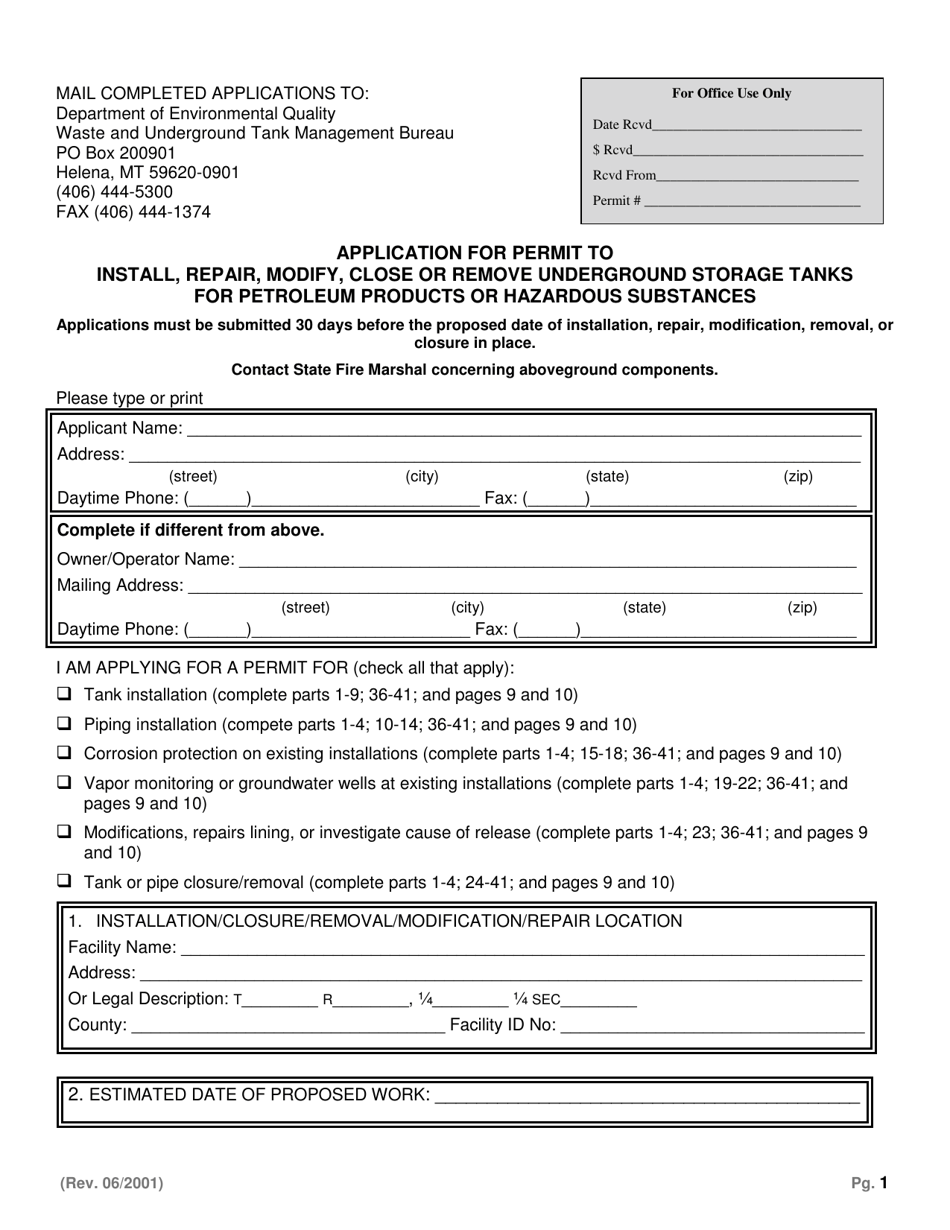 Application for Permit to Install, Repair, Modify, Close or Remove Underground Storage Tanks for Petroleum Products or Hazardous Substances - Montana, Page 1