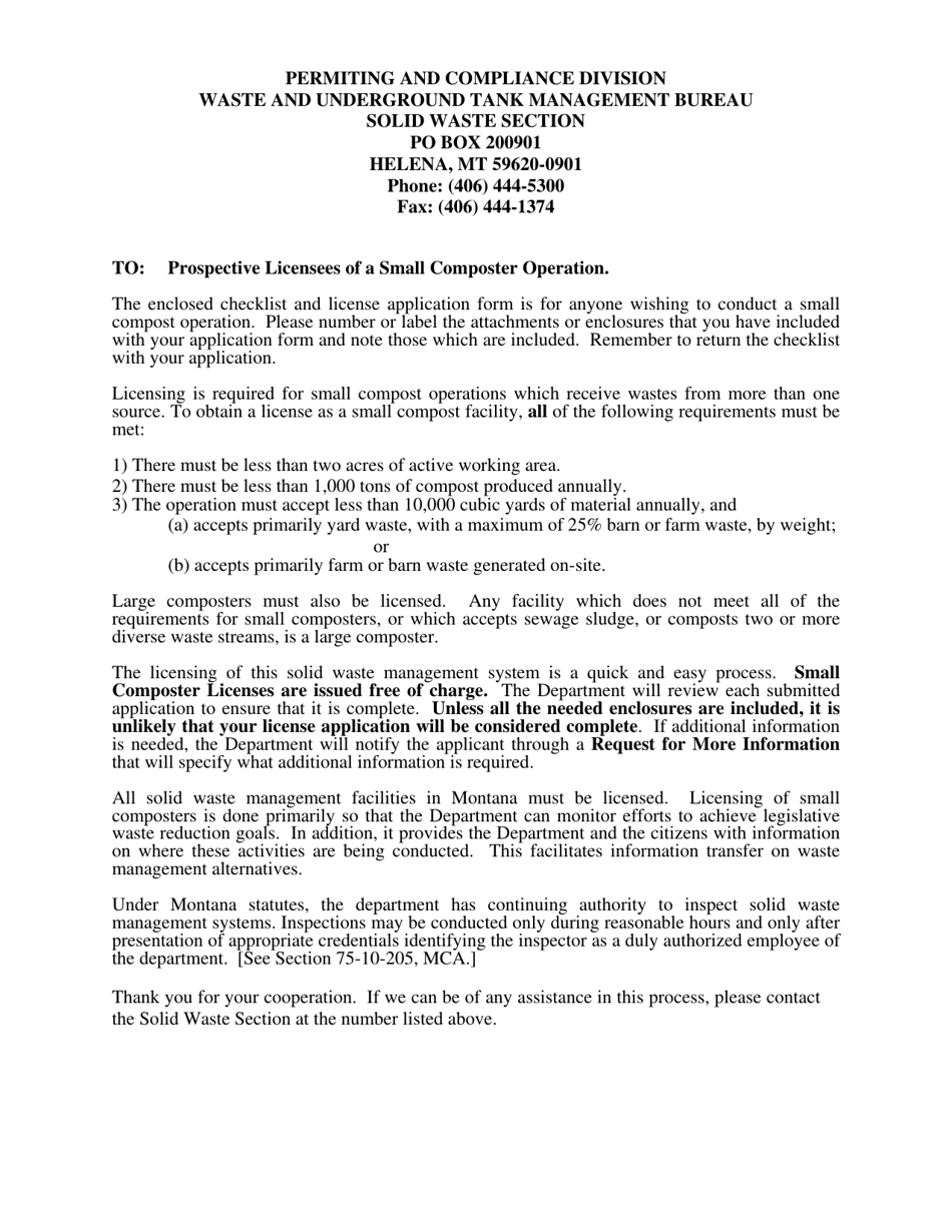 Small Composter Facility License Application - Montana, Page 1