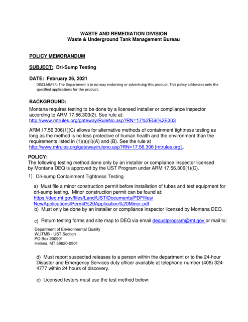 Dri-Sump Containment Tightness Test Report - Montana