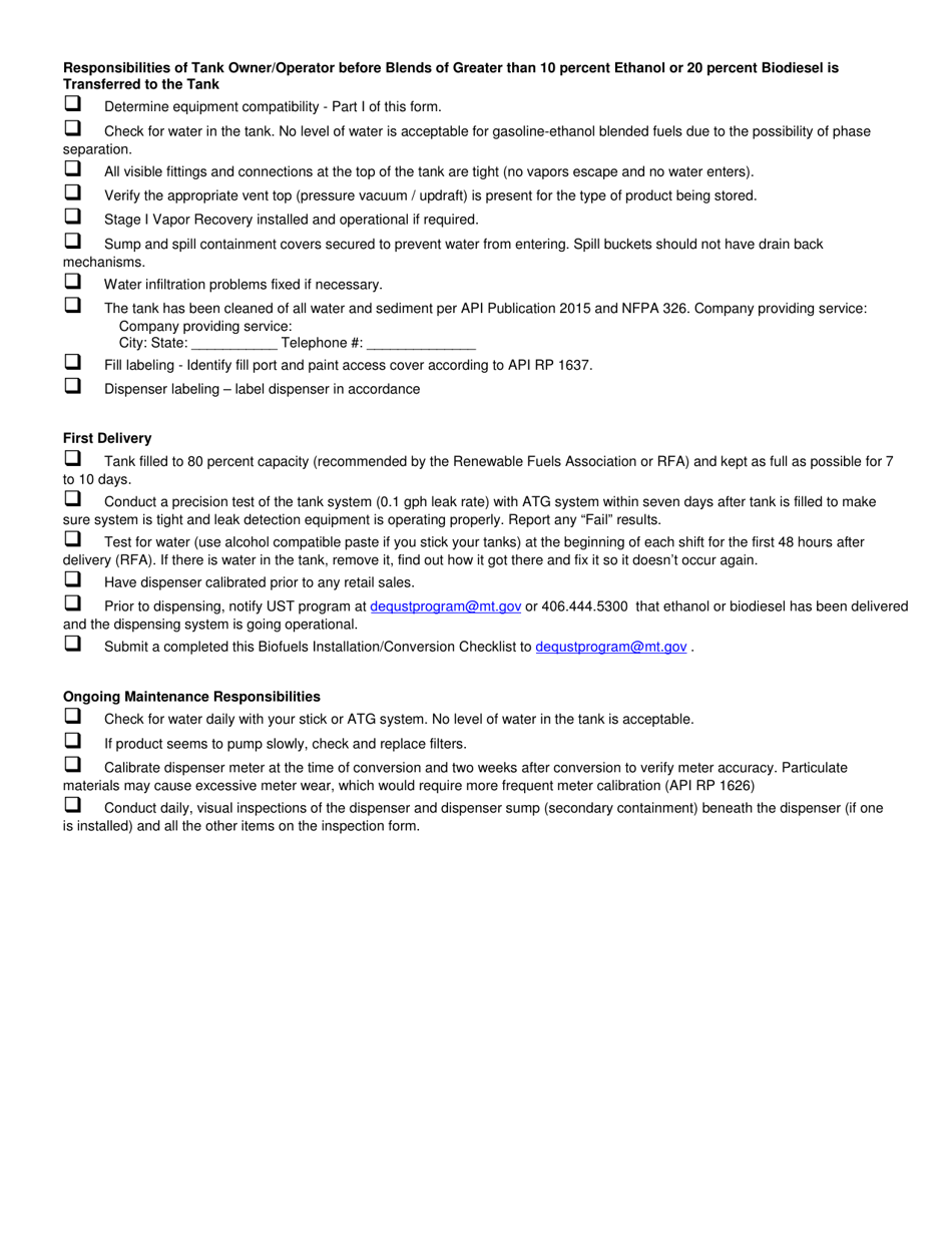 Underground Storage Tank Biofuel Installation / Conversion Checklist - Montana, Page 2