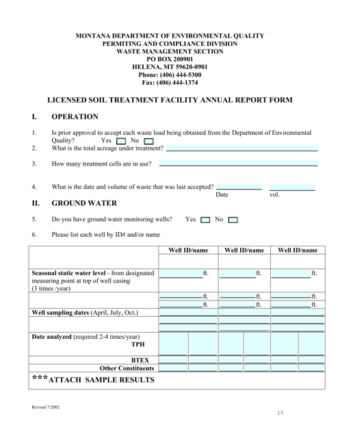 Licensed Soil Treatment Facility Annual Report Form - Montana Download Pdf