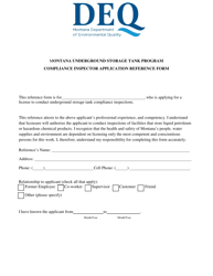 Document preview: Compliance Inspector Application Reference Form - Montana Underground Storage Tank Program - Montana