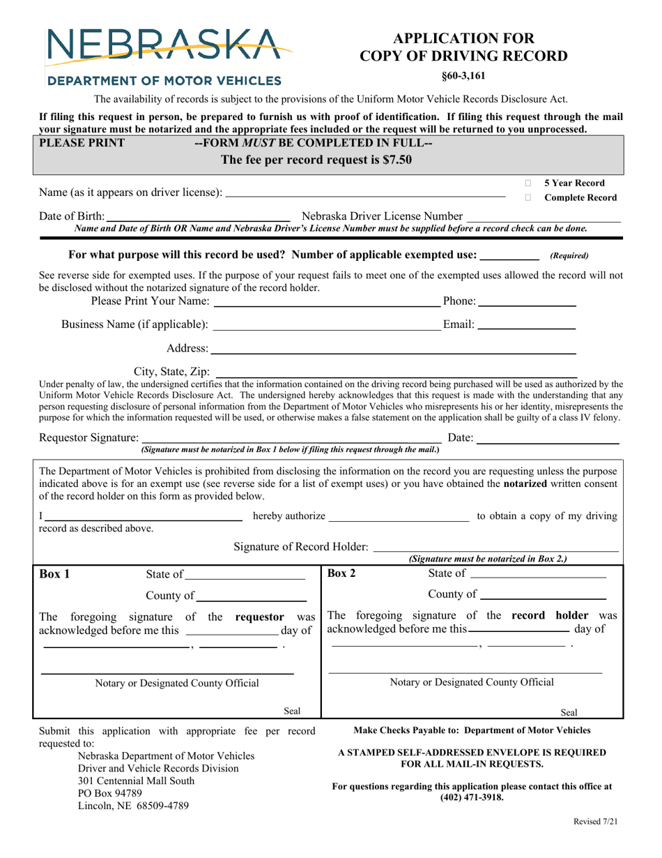 Nebraska Application for Copy of Driving Record Fill Out, Sign Online