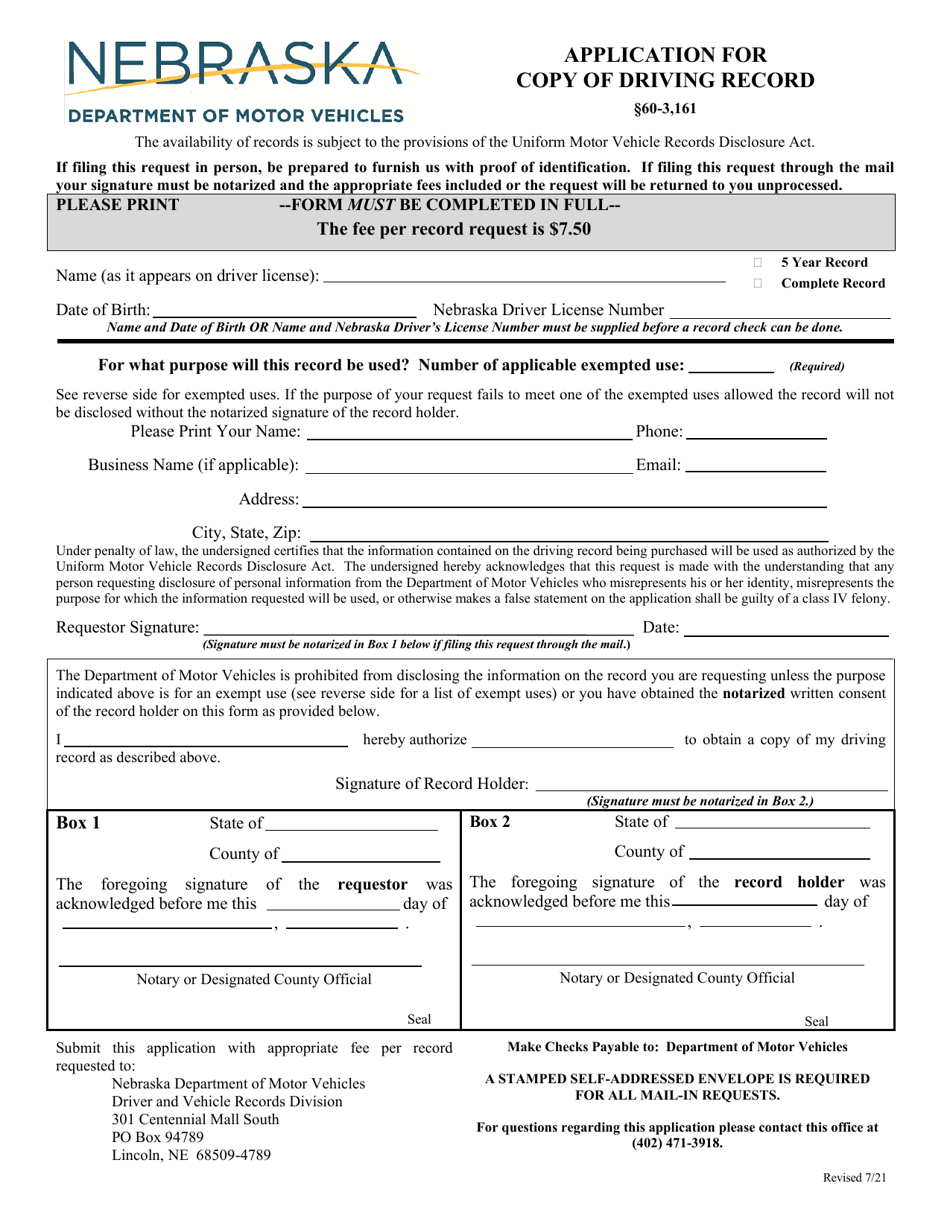 Application for Copy of Driving Record - Nebraska, Page 1