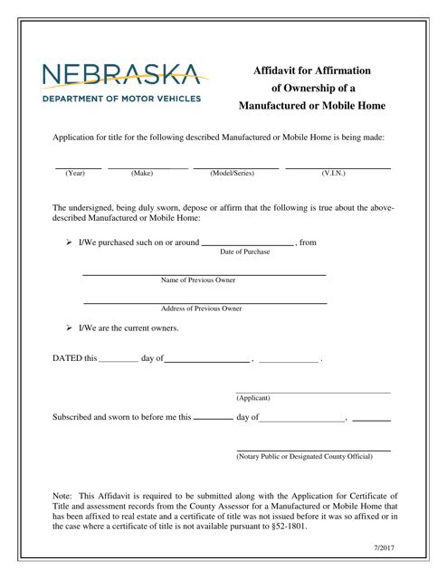 Affidavit for Affirmation of Ownership of a Manufactured or Mobile Home - Nebraska Download Pdf