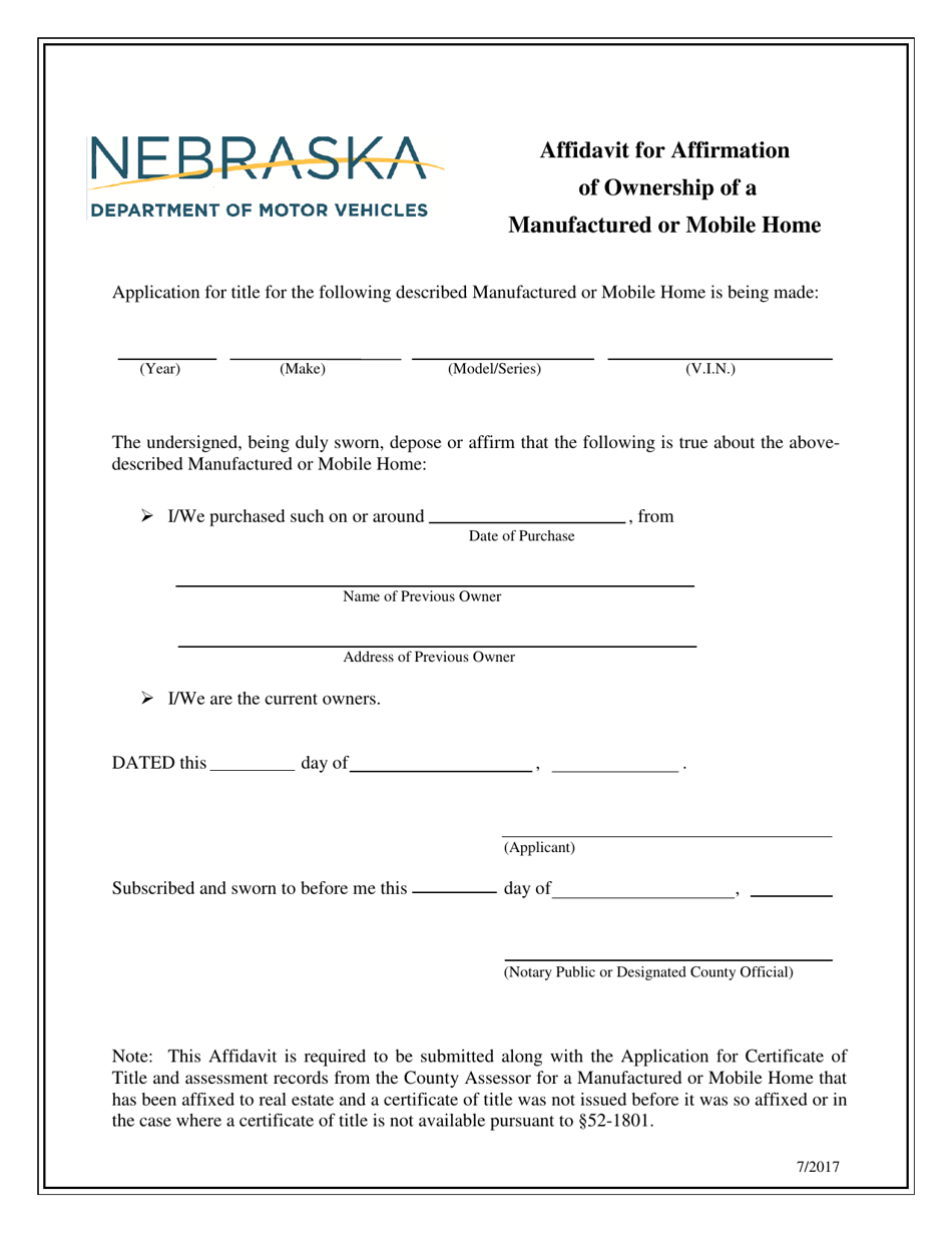 Affidavit for Affirmation of Ownership of a Manufactured or Mobile Home - Nebraska, Page 1