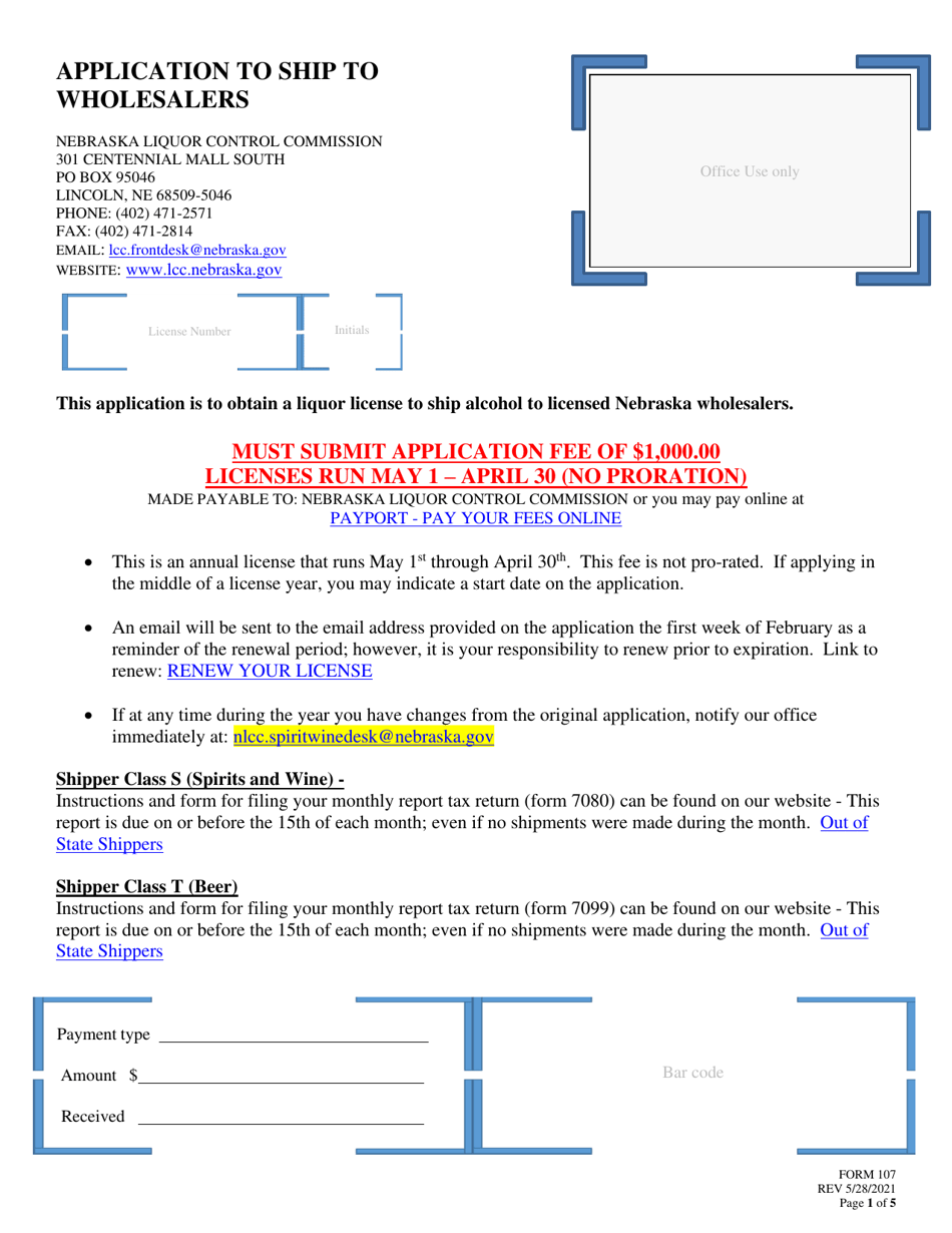 Form 107 Application to Ship to Wholesalers - Nebraska, Page 1