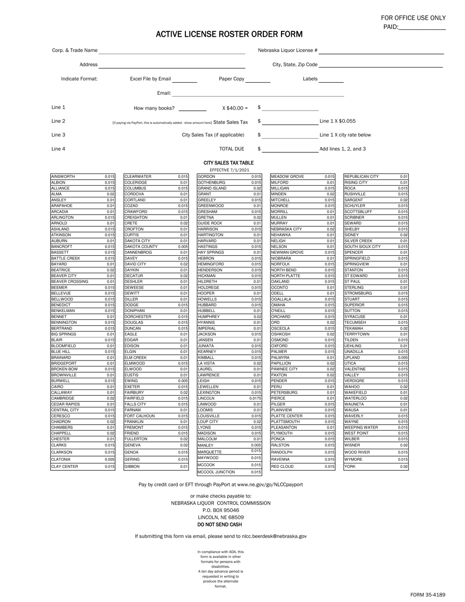 Form 35-4189 Active License Roster Order Form - Nebraska, Page 1