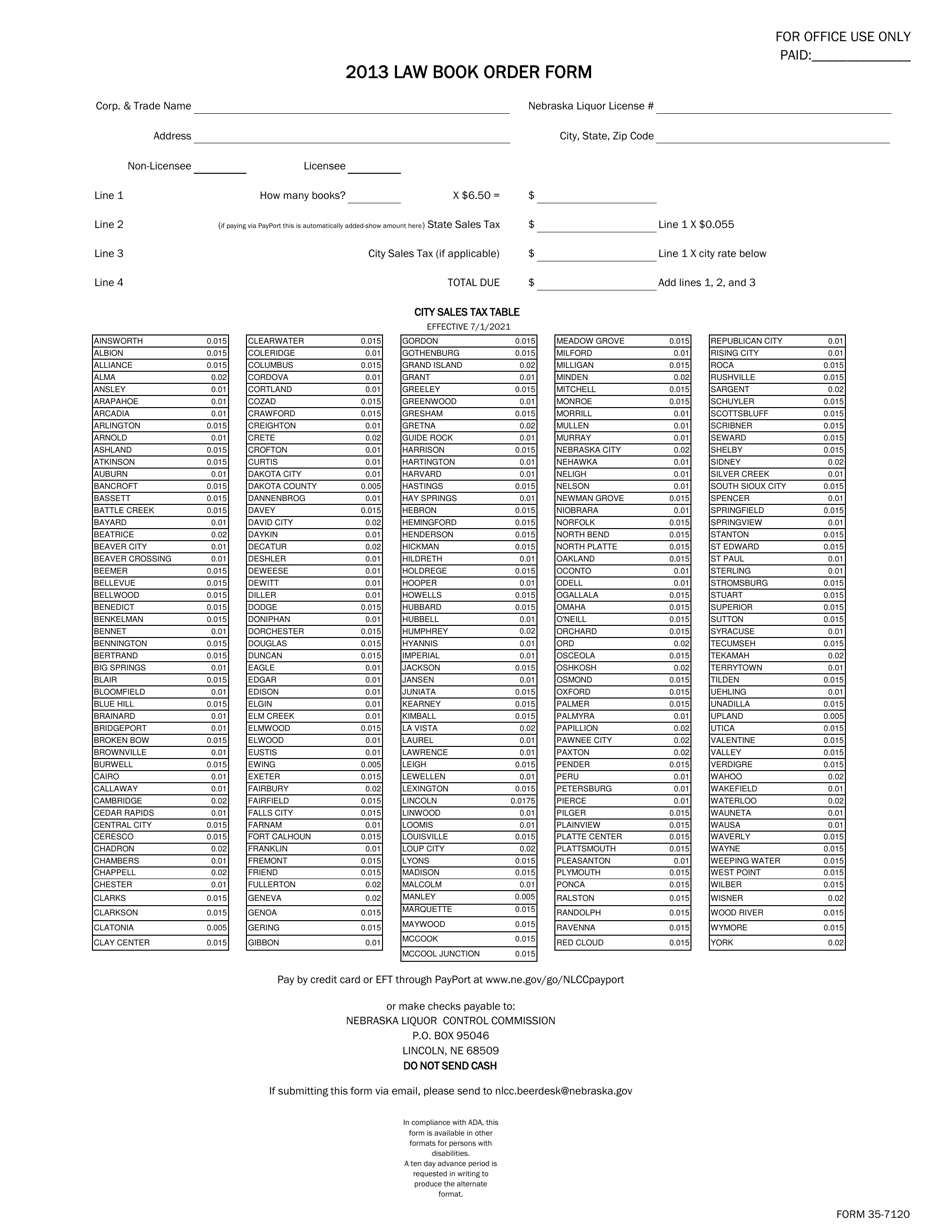 Form 35-7120 2013 Law Book Order Form - Nebraska, Page 1