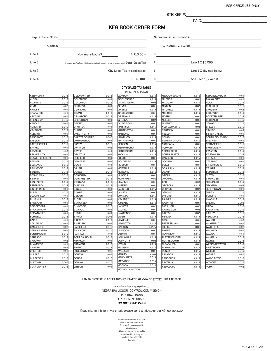 Form 35-7129 Keg Book Order Form - Nebraska, Page 1