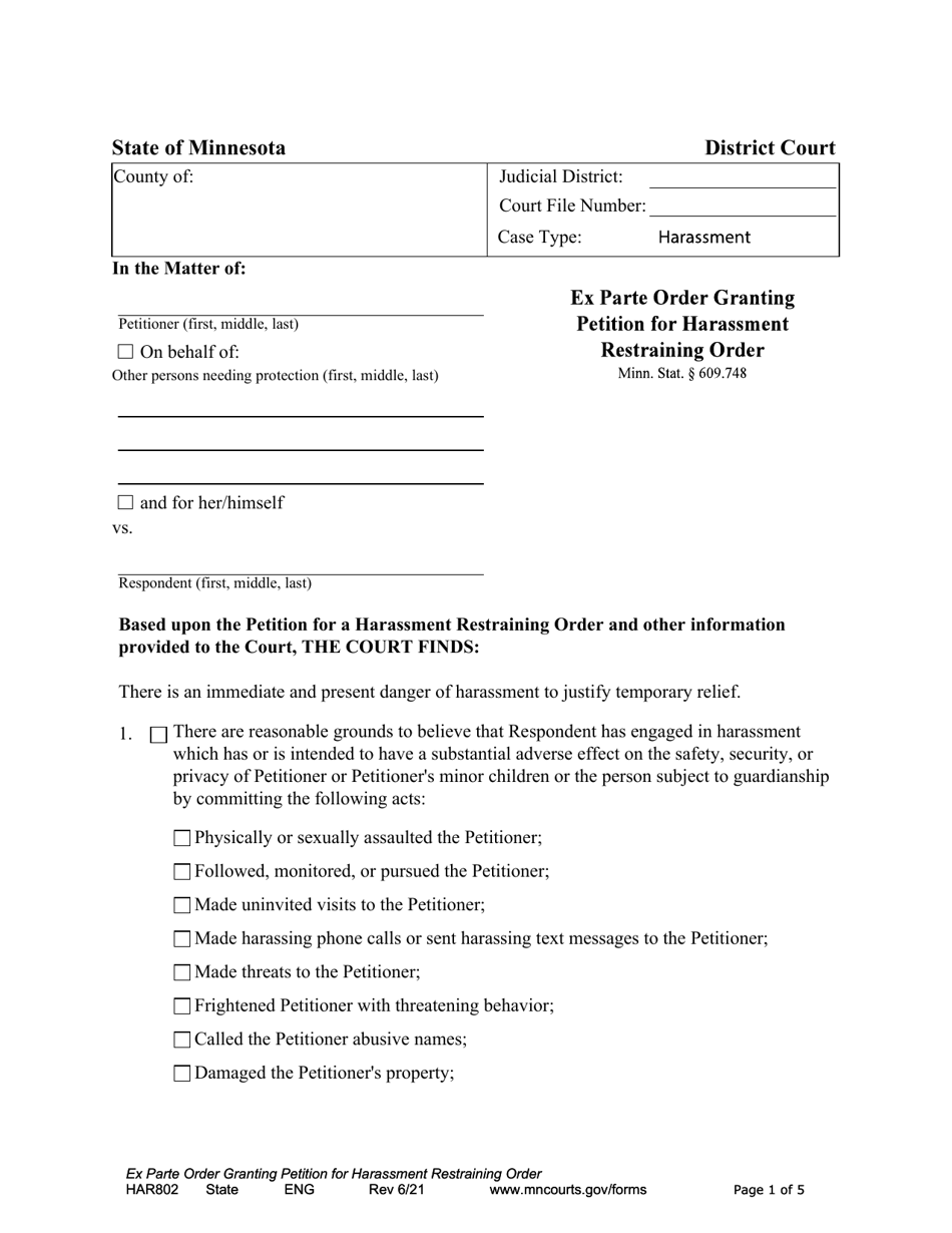 Form HAR802 Ex Parte Order Granting Petition for Harassment Restraining Order - Minnesota, Page 1