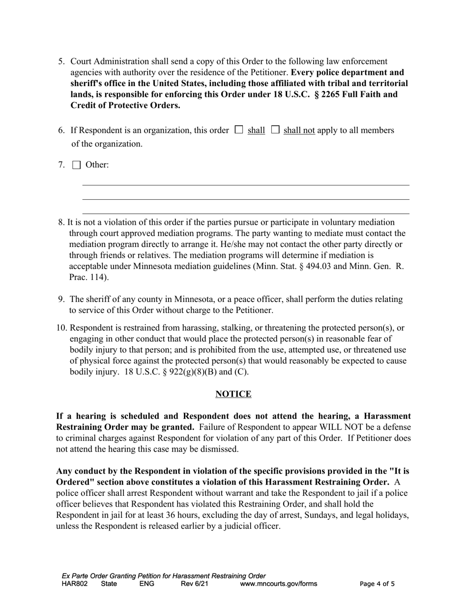 Form HAR802 Download Fillable PDF or Fill Online Ex Parte Order