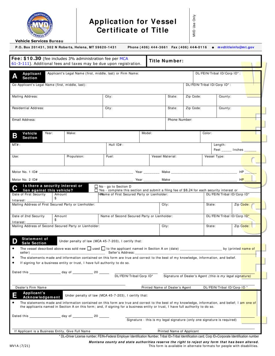 Form MV1A Application for Vessel Certificate of Title - Montana, Page 1