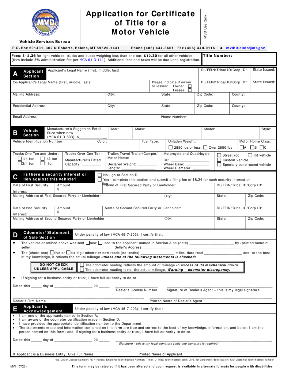 Form MV1 Download Fillable PDF or Fill Online Application for