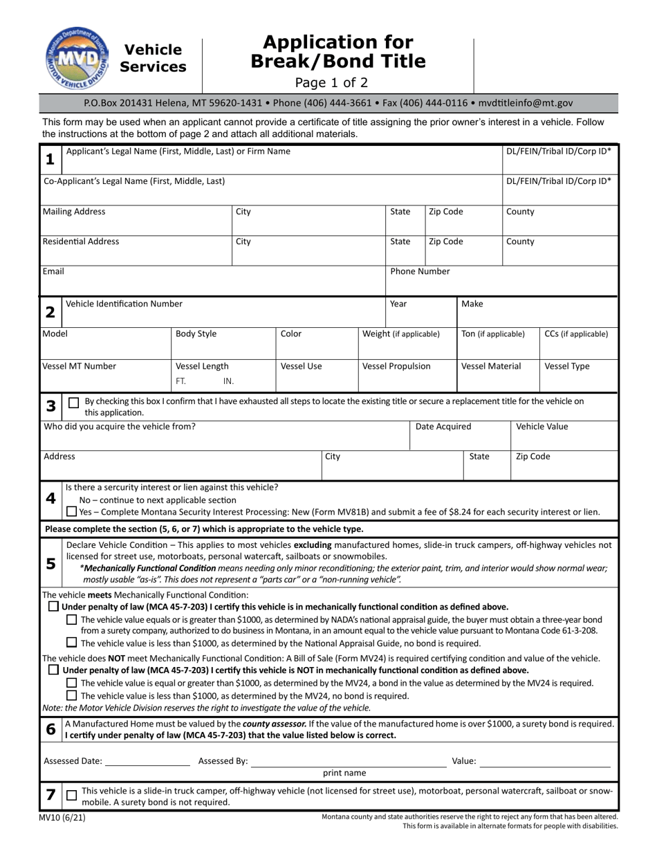 Form MV10 Application for Break / Bond Title - Montana, Page 1