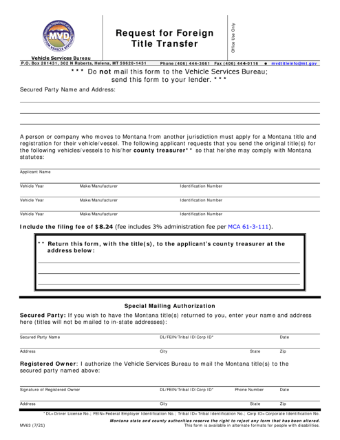 Form MV63 Request for Foreign Title Transfer - Montana