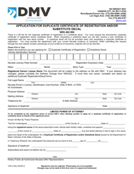 Form VP013 Application for Duplicate Certificate of Registration and/or Substitute Decal - Nevada