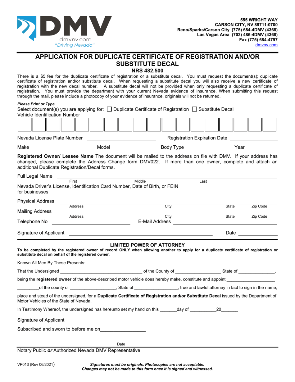 Form VP013 Application for Duplicate Certificate of Registration and / or Substitute Decal - Nevada, Page 1
