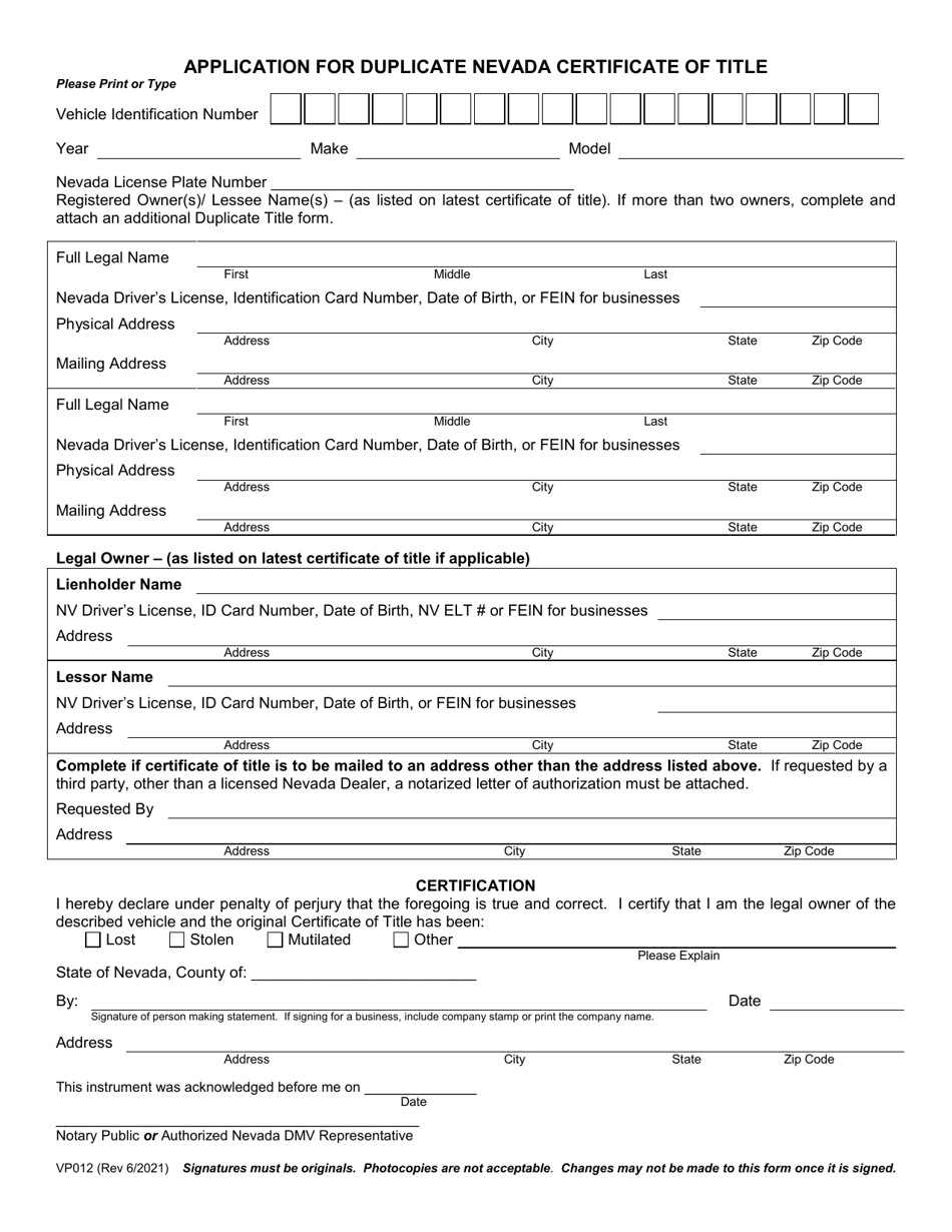 Form VP012 Application for Duplicate Nevada Certificate of Title - Nevada, Page 2