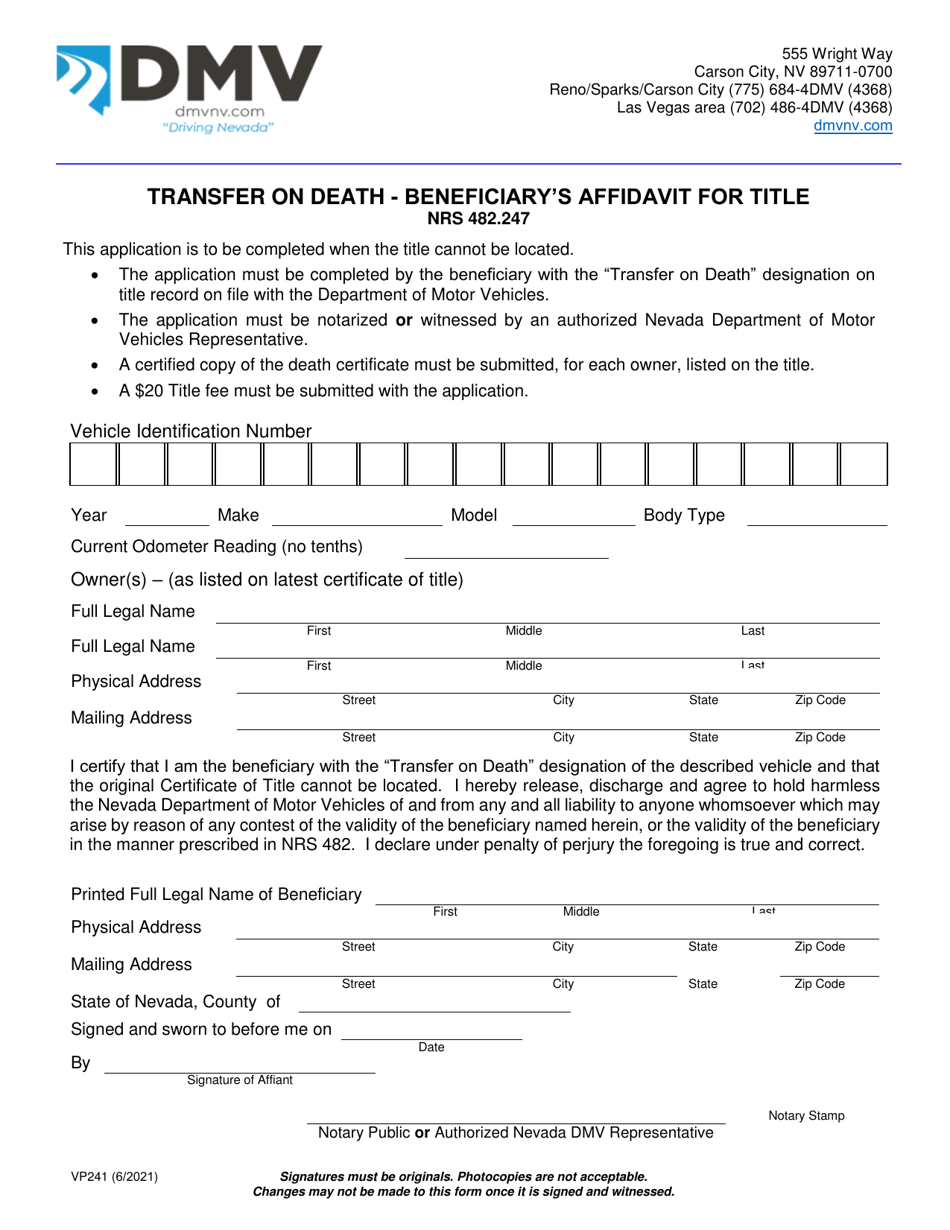 Form VP241 Transfer on Death - Beneficiarys Affidavit for Title - Nevada, Page 1