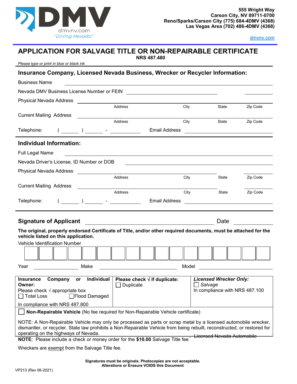 Form VP213 Application for Salvage Title or Non-repairable Certificate - Nevada, Page 1