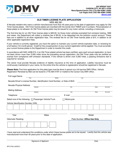 Form SP12 Old Timer License Plate Application - Nevada