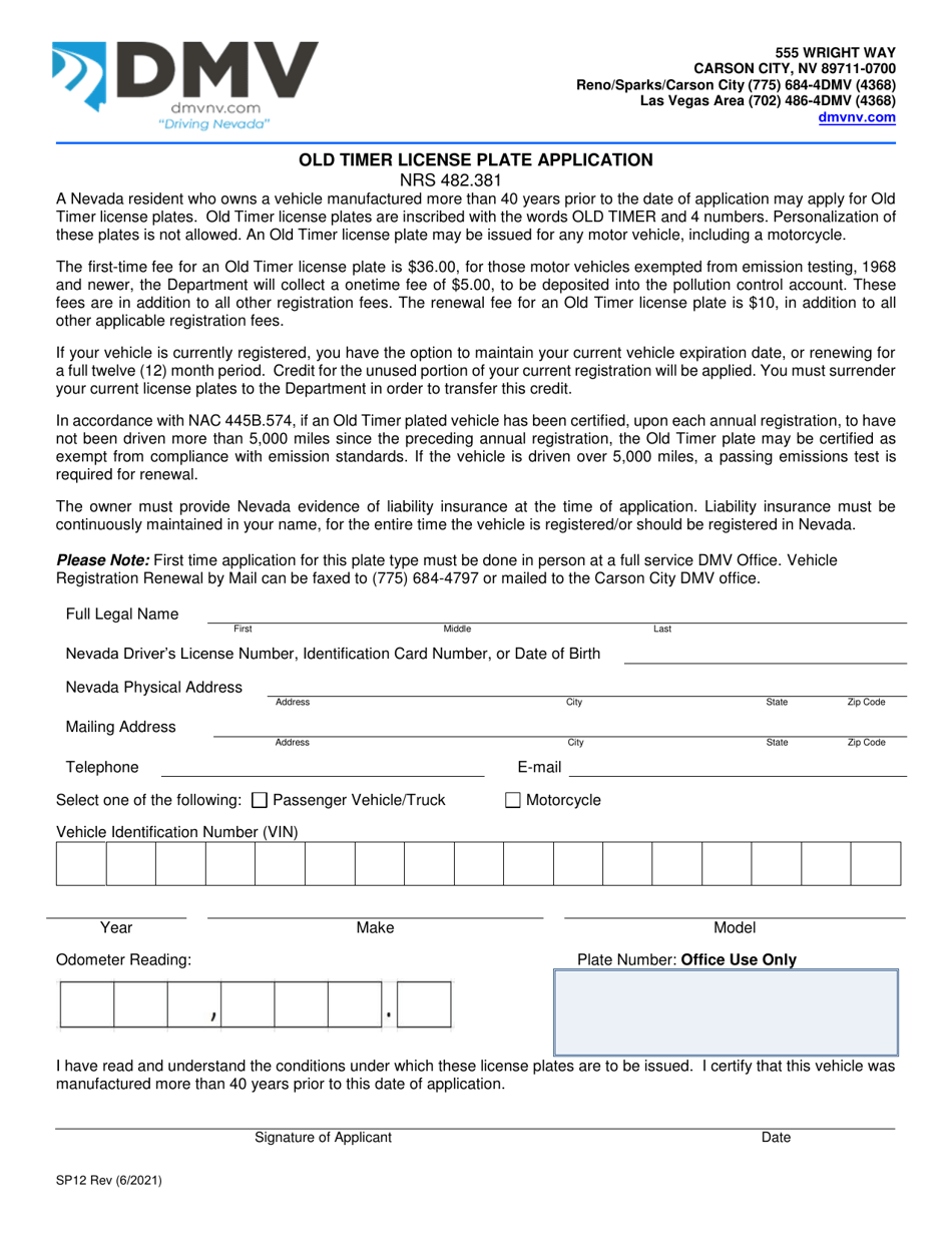 Form SP12 Old Timer License Plate Application - Nevada, Page 1