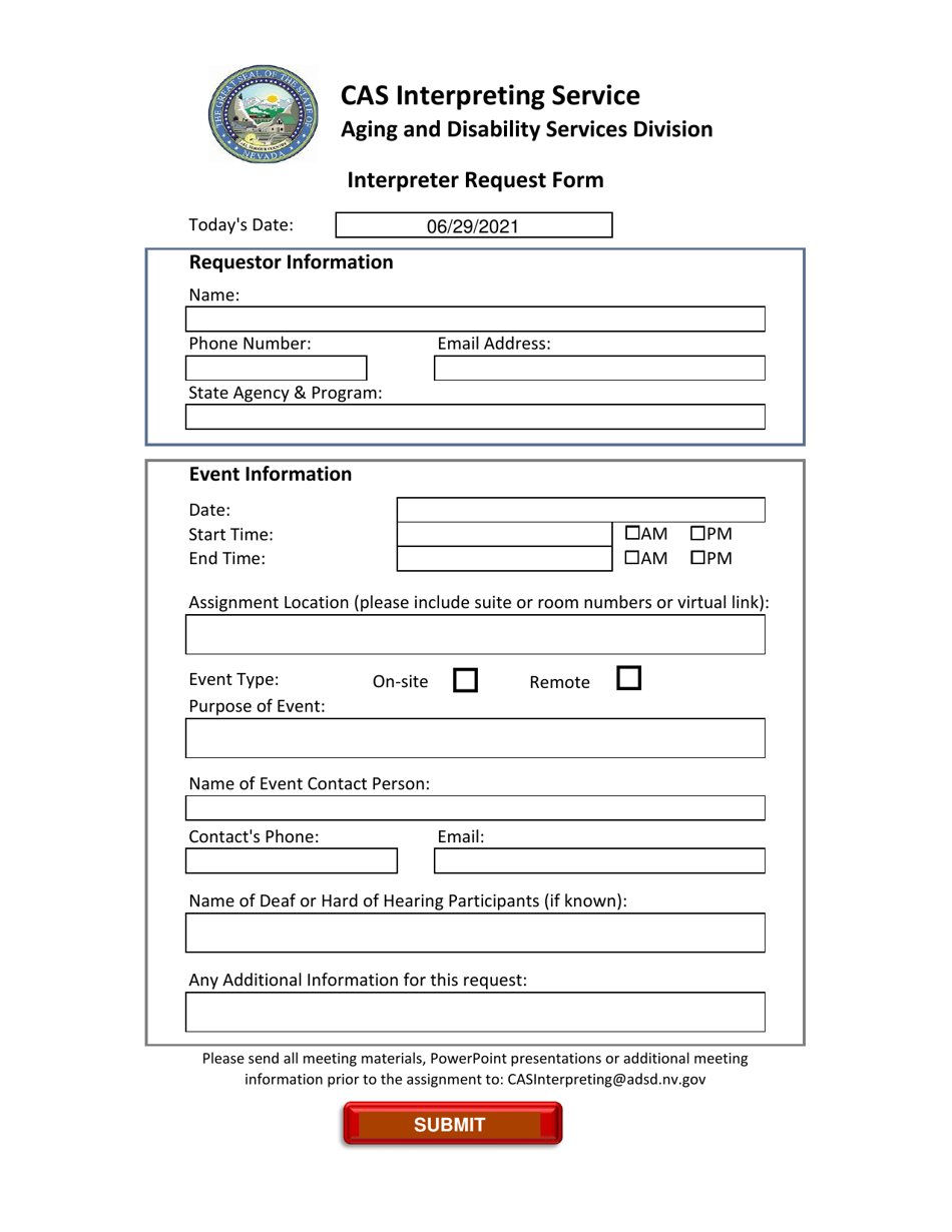 Interpreter Request Form - Nevada, Page 1