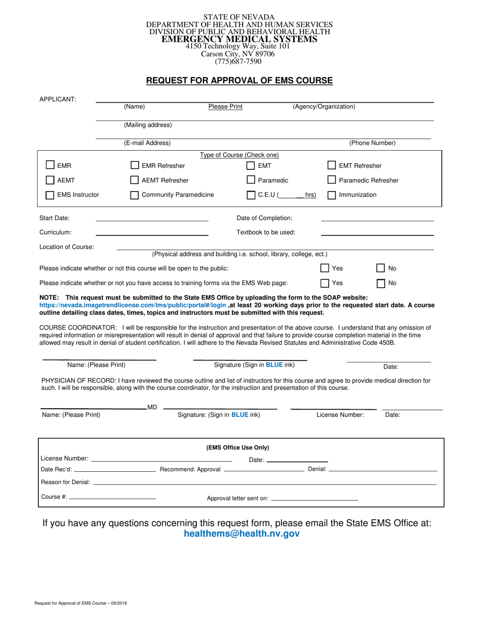 Request for Approval of EMS Course - Nevada, Page 1