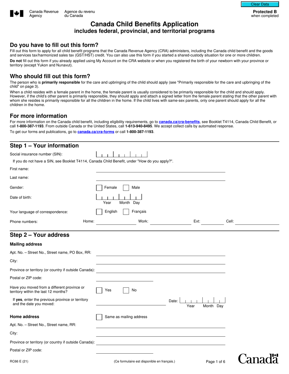 Form RC66 Canada Child Benefits Application - Canada, Page 1