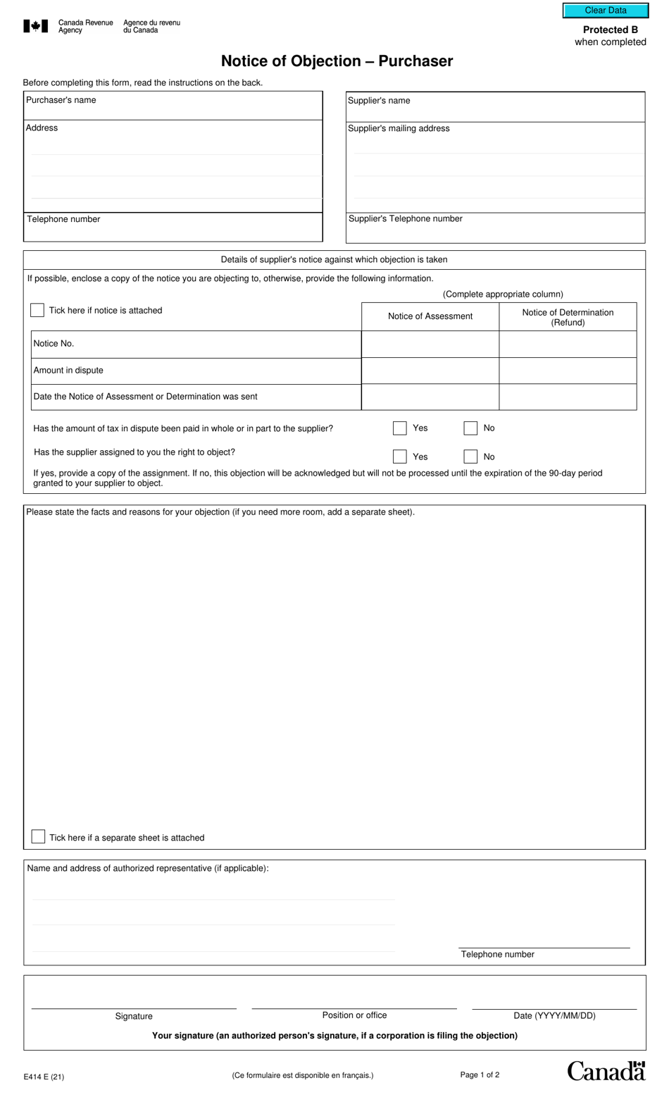 Form E414 Notice of Objection - Purchaser - Canada, Page 1