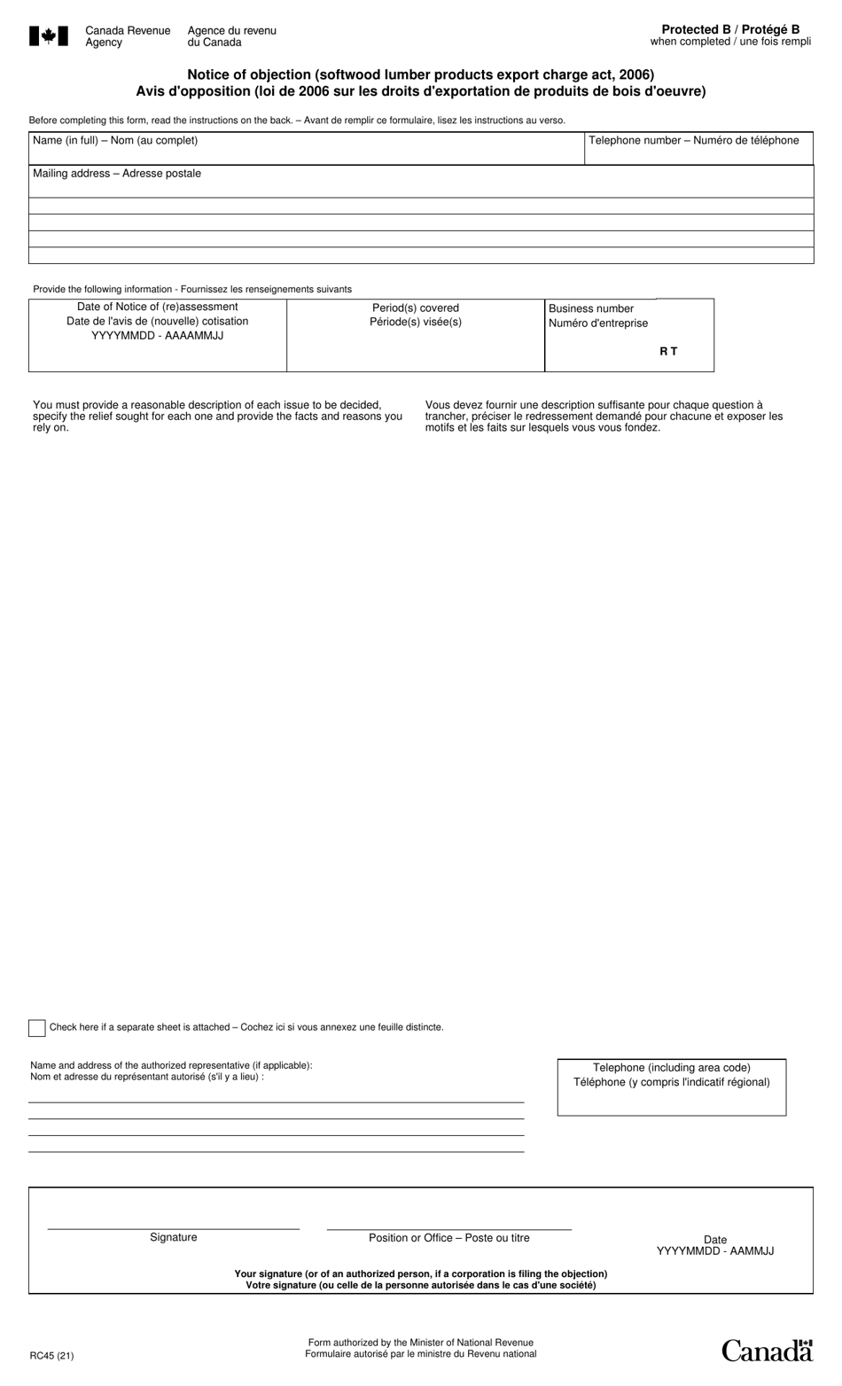 Form RC45 Notice of Objection (Softwood Lumber Products Export Charge Act, 2006) - Canada (English / French), Page 1
