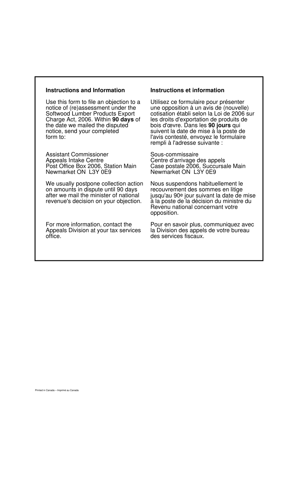 Form RC45 Notice of Objection (Softwood Lumber Products Export Charge Act, 2006) - Canada (English / French), Page 2